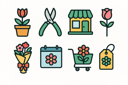 Flat illustration, set of multicolored icons for website on white background for flower shop, business, delivery and gardening.の素材