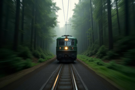 Electric train moves along tracks through a lush green forest towards the camera, the background around is blurred, the concept of speedの素材