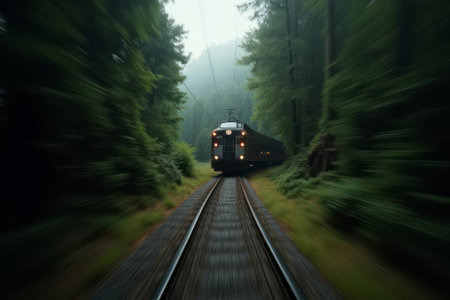 Electric train moves along tracks through a lush green forest towards the camera, the background around is blurred, the concept of speedの素材
