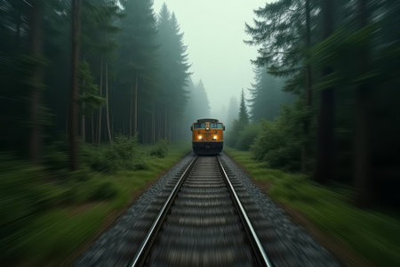 train moves along tracks through a lush green forest towards the camera, the background around is blurred, the concept of speedの素材