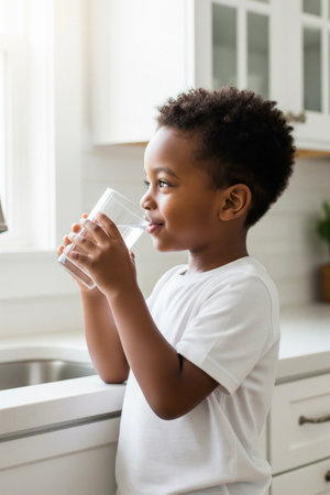Black boy in a T-shirt drinks water from a glass standing by the window in a white kitchen, health concept.の素材