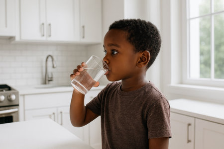 Black boy in a T-shirt drinks water from a glass standing by the window in a white kitchen, health concept.の素材