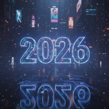 Neon blue geometric numbers 2026 in a cyber style hang in the air, reflected against a dark cityscape with skyscrapers. New Year and Christmas conceptの素材