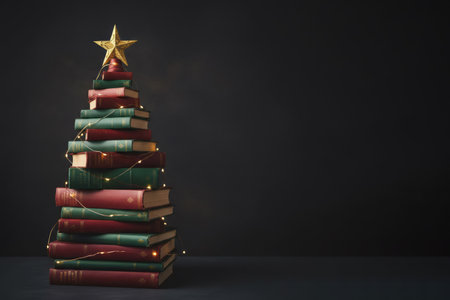 A Christmas tree made of books in red, green, and gold colors against a dark, festive background with copy space. Garlands and glitter add a New Years atmosphere.の素材