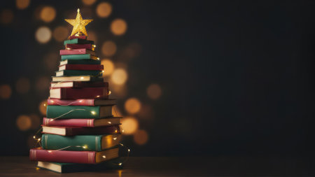 A Christmas tree made of books in red, green, and gold colors against a dark, festive background with copy space. Garlands and glitter add a New Years atmosphere.の素材