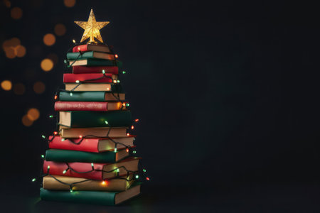 A Christmas tree made of books in red, green, and gold colors against a dark, festive background with copy space. Garlands and glitter add a New Years atmosphere.の素材