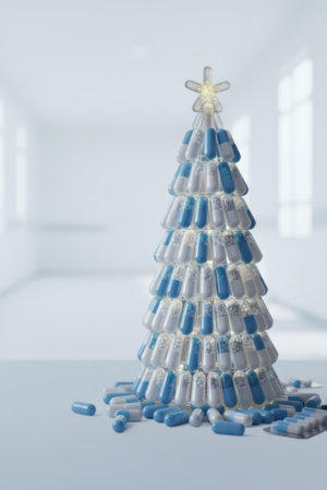 Christmas tree made of white and blue capsules on medical clinic background with copy space, New Year medical concept.の素材