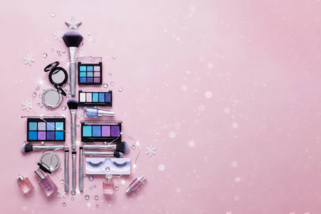Christmas tree made of makeup tools on a festive pink background copy with space, New Years atmosphere, beauty concept.の素材