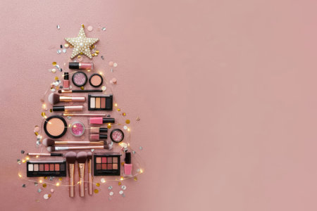 Christmas tree made of makeup tools on a festive pink background copy with space, New Years atmosphere, beauty concept.の素材