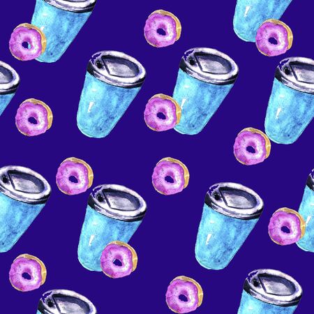 pattern of blue coffee cups with a doughnut on a colored backgroundの写真素材