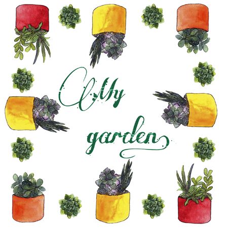 watercolor postcard my garden with succulents on a white backgroundの写真素材