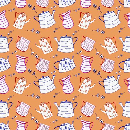 Stylized teapots on a colored pattern backgroundの写真素材