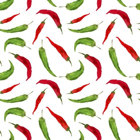 watercolor pattern peppers green and red on a white backgroundの写真素材
