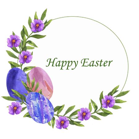 Watercolor postcards with Easter eggs, flowers and leaves on a white background.の写真素材