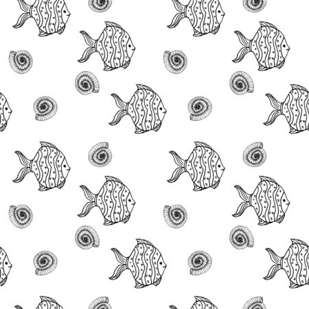 Graphic drawing with fish and shells. A stylized sea pattern on a white background.の写真素材