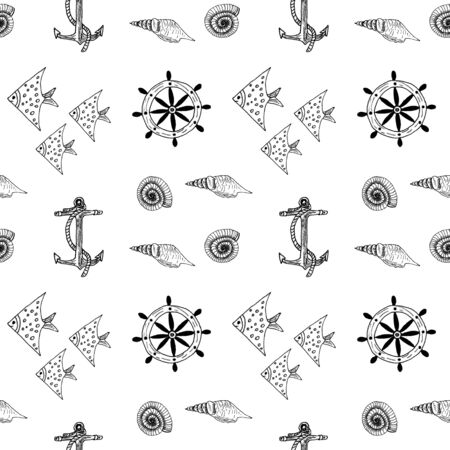 Decorative set with sea elements - fish, anchor, shells, steering wheel. Pattern on a white background.の写真素材