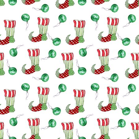 Pattern with Christmas socks and decorative green balls. Watercolor illustration on a white background for packaging, decor, fabric. の写真素材
