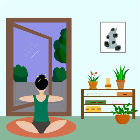 Vector illustration - a girl meditates. Stay home and meditate. A healthy lifestyle.のイラスト素材
