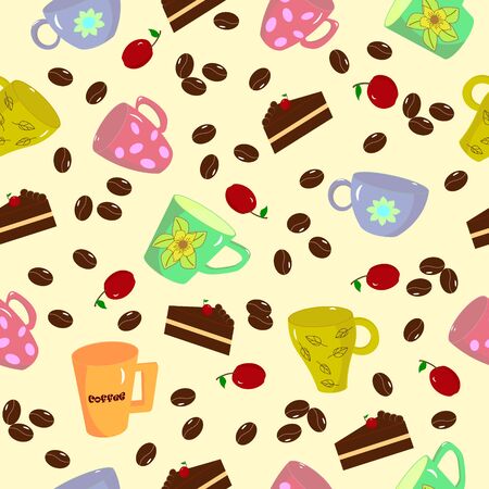 Pattern of cups and pieces of cake. Vector illustration. A set of different cups.Coffee and tea cup icon.の写真素材