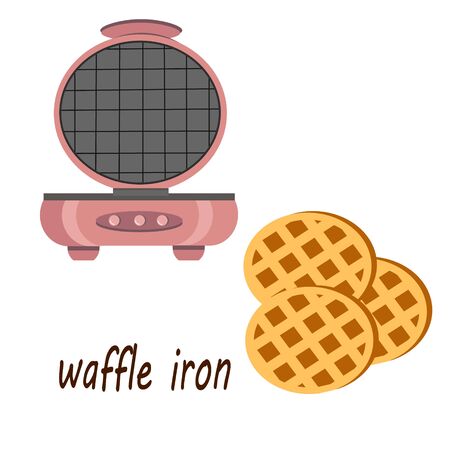 Waffel - iron and waffles. Kitchen appliances.. Vector flat illustration on a white background.の写真素材