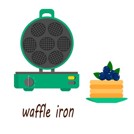Vector illustration of waffles-iron and waffles. Drawing with text on a white background.の写真素材