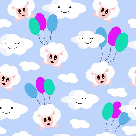 Lambs on a blue background. Clouds and balloons. Vector pattern. Childrens illustration. Cartoon style.のイラスト素材
