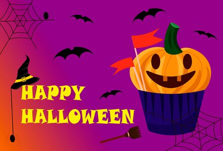 Halloween flyer. Sweet cupcake with pumpkin. Vector illustration.のイラスト素材