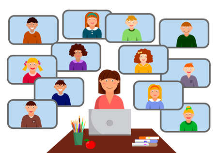 Internet class.Teacher and children - online distance learning.のイラスト素材