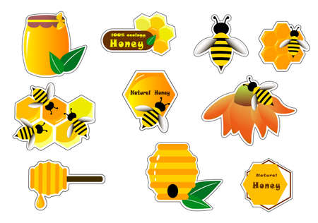 Stickers with honey and bees. Vector illustration.のイラスト素材