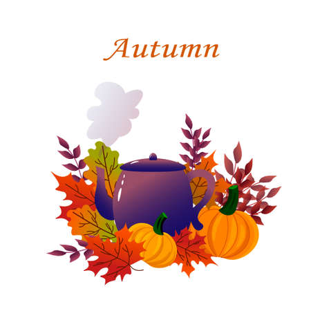 Autumn tea. Teapot., leaves and pumpkins. Vector postcard.のイラスト素材
