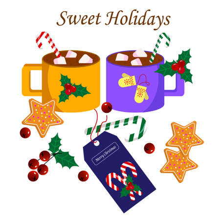 Two mugs with cocoa. Christmas card. The traditional decor is berries, cookies, tag and cane.のイラスト素材