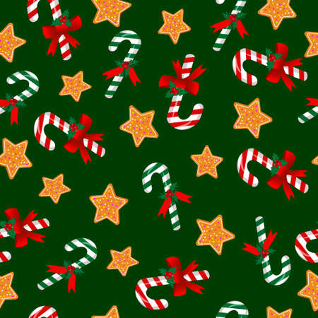 Christmas sweet cane and cookies. Vector illustration on a green background.のイラスト素材
