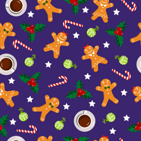 Pattern with gingerbread men. Christmas illustration. Vector illustration on a blu background.のイラスト素材
