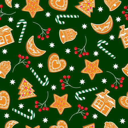 Cookie pattern. Christmas illustration. Vector illustration on a green background.のイラスト素材