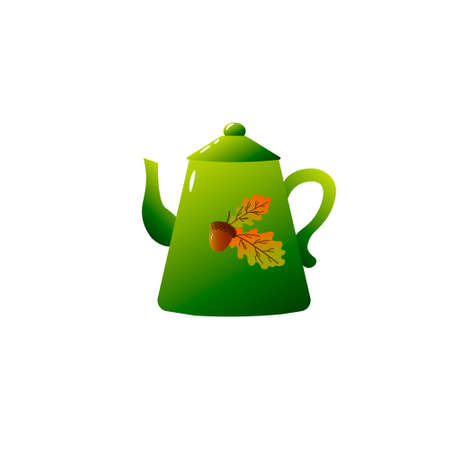 Green teapot with a pattern of acorns. White background isolated drawing.のイラスト素材