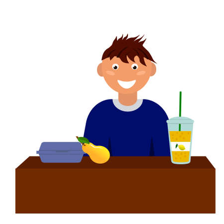 The boy is eating breakfast from lunchboxes.のイラスト素材