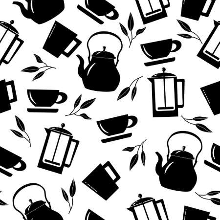 Monochrome pattern with utensils for tea.のイラスト素材