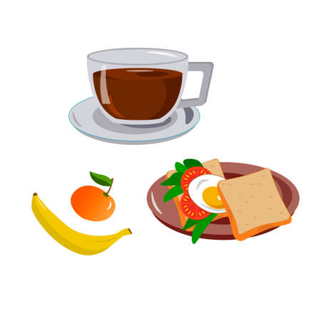 Healthy breakfast. Sandwich with egg and coffee, banana and orange.のイラスト素材