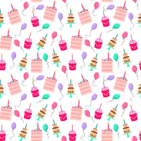 Pattern with cupcakes, cakes, sweets and balloons for birthdays or other holidays.のイラスト素材