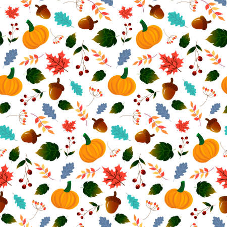Autumn pattern with colorful leaves, pumpkin and acorns.のイラスト素材