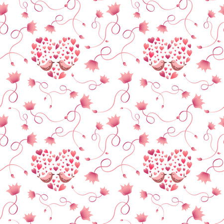 Seamless pattern with pink birds and hearts.のイラスト素材