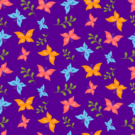 Blue, yellow and pink butterflies on a purple background.