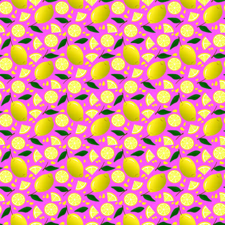 Pattern with yellow lemons on a lilac background.のイラスト素材