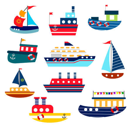 A set of different bright ships for children illustrations.のイラスト素材
