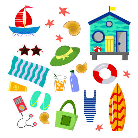 Summer set - beach house, surfboard, swimsuit and hat, player and bag.のイラスト素材