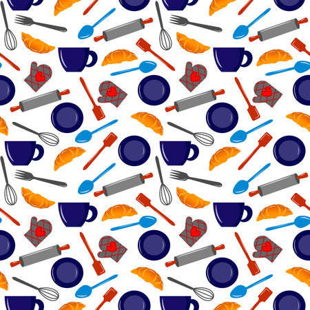 Pattern with croissant and kitchen tools.