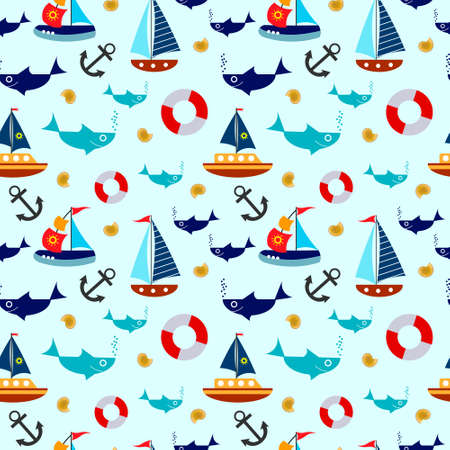 Pattern with sea with ships and fish.のイラスト素材