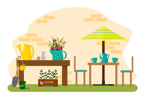 A tent in the garden, gardening tools and a box of herbs.のイラスト素材