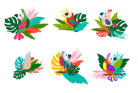 Birds sit on a branch with leaves.のイラスト素材
