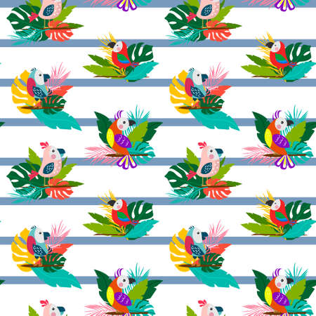 Pattern with stripes and colorful tropical parrots.のイラスト素材